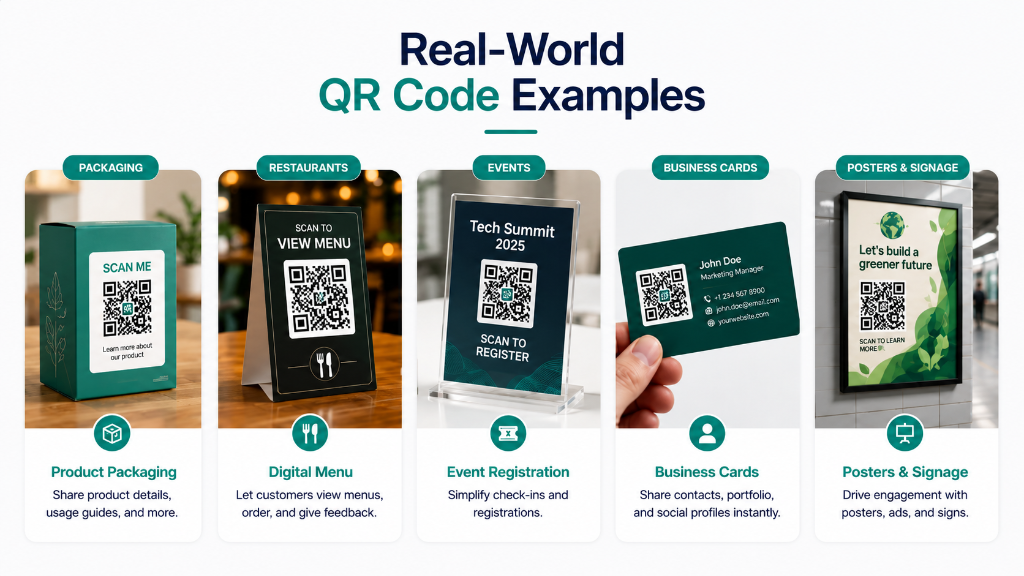 Real-World QR Code Examples showing QR codes used for product packaging, digital menus, event
