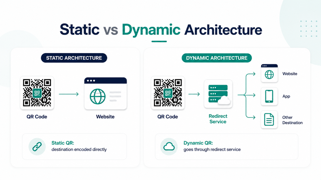 Static vs Dynamic QR Code Architecture comparison showing direct website access versus