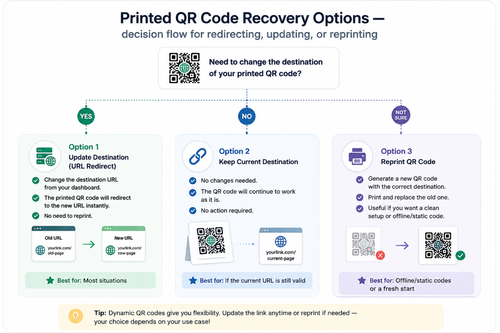 Printed scannable symbol recovery options showing redirect, keep destination, and reprint choices