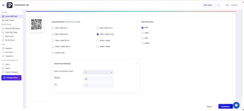 Choose your QR code size and file format, then download.