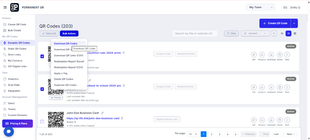 Bulk Actions for Coupon Code QR Codes