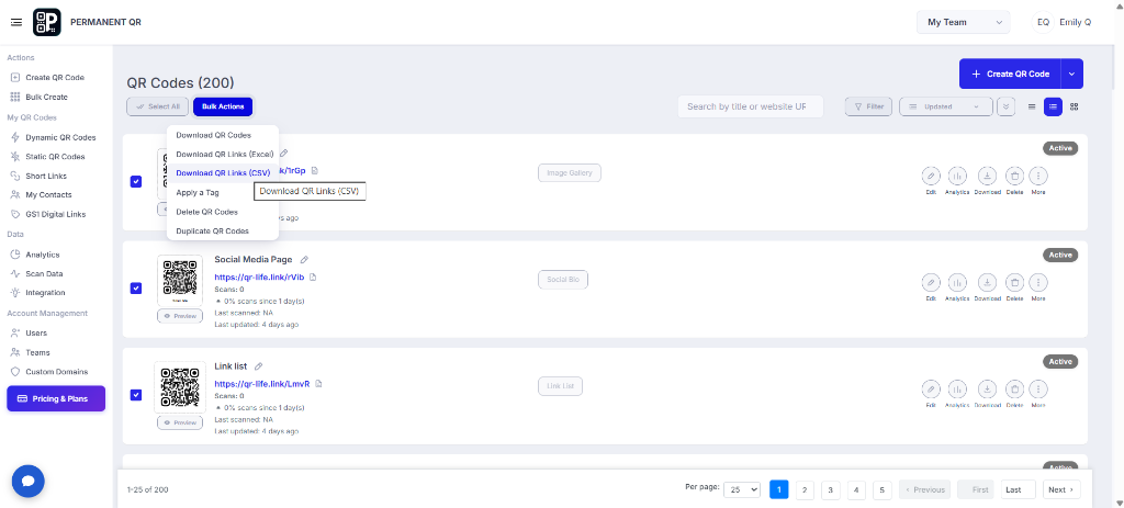 Download QR Links CSV from Bulk Actions