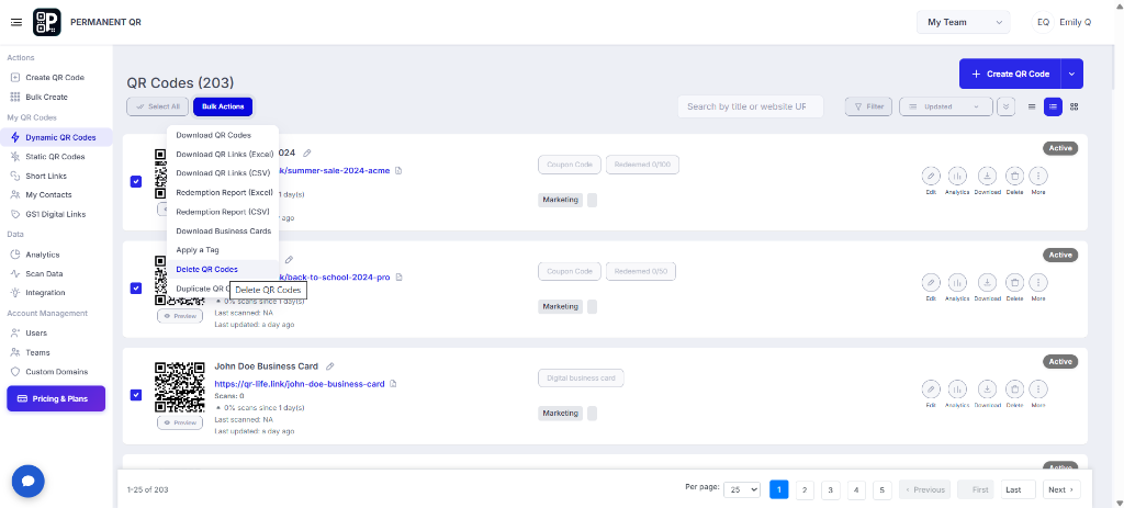 Bulk Actions menu with Delete QR Codes option