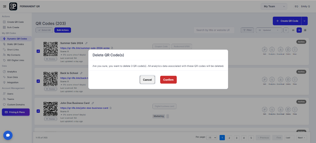 Delete QR Codes confirmation dialog