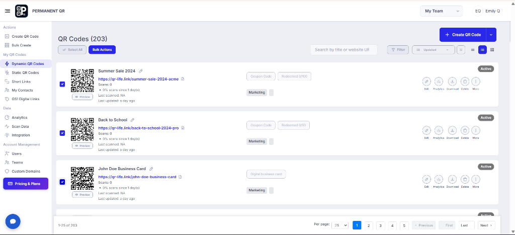 Select QR codes for bulk deletion