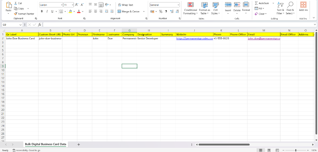 Fill Digital Business Card details in Excel