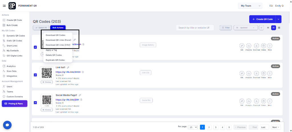 Choose Download QR Codes from Bulk Actions