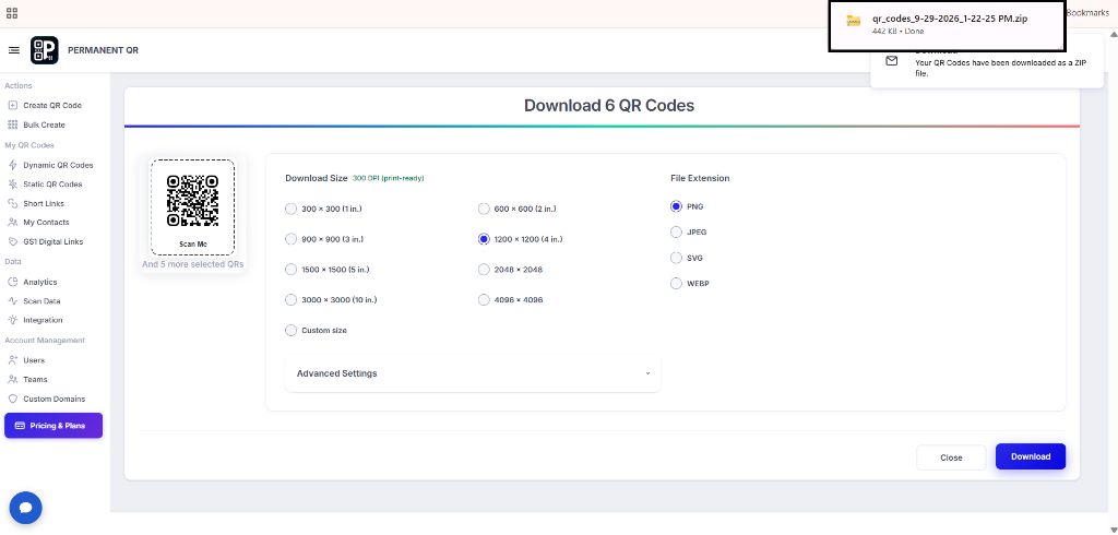 Configure bulk QR code download settings
