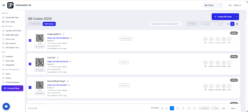 Open Bulk Actions for QR codes