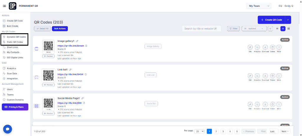 Select QR codes for bulk download