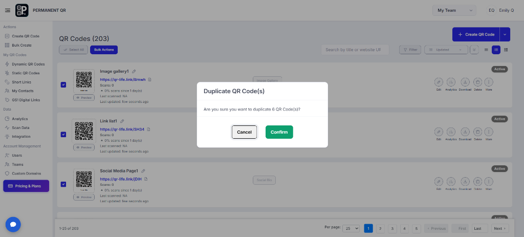 Confirm bulk QR code duplication