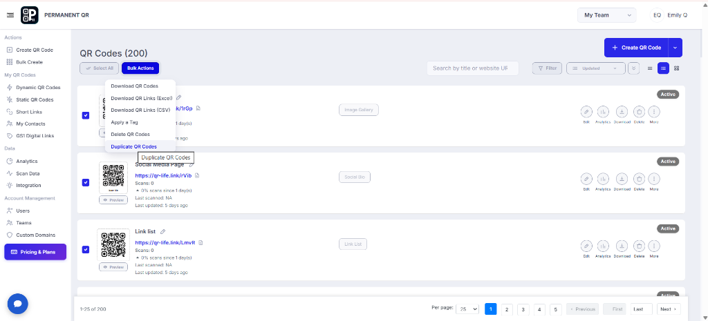 Select Duplicate QR Codes from Bulk Actions