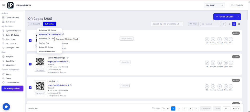Download QR Links Excel from Bulk Actions