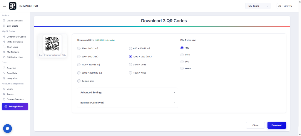 QR code download size and file extension settings