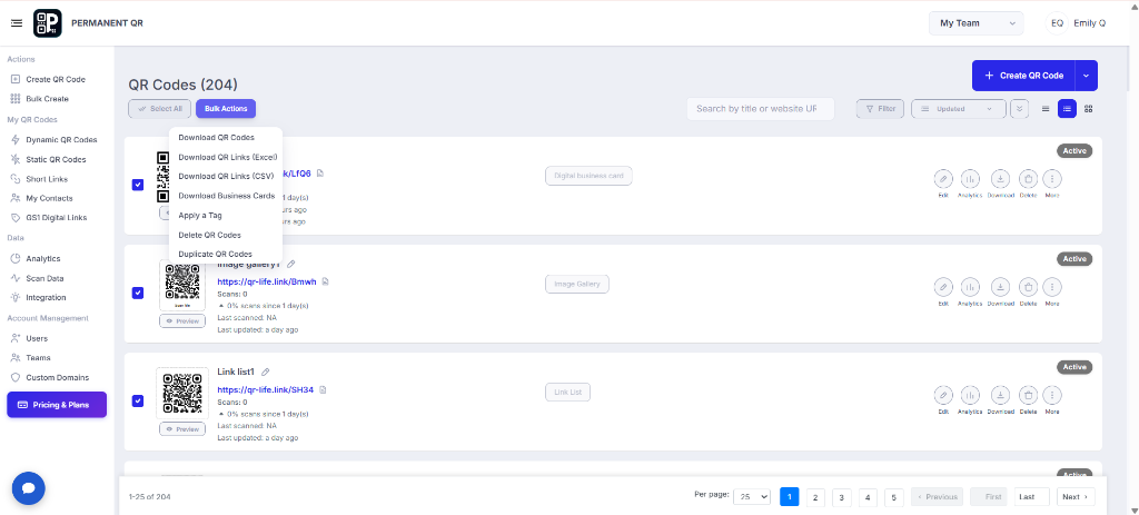 Bulk Actions menu with Download QR Codes option