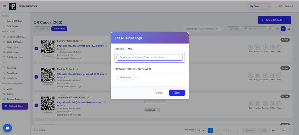 Add or select a QR code tag and save the changes