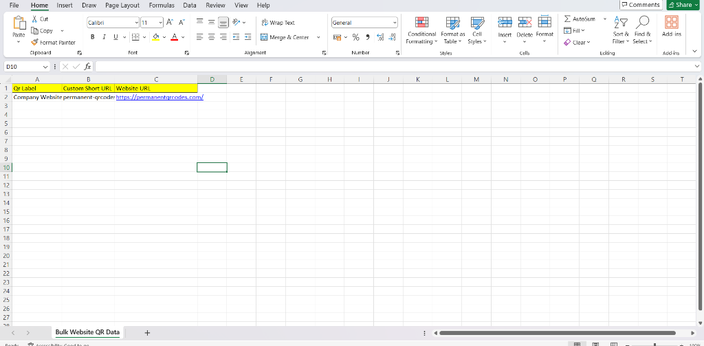 Prepare bulk Website URL QR Code data in Excel