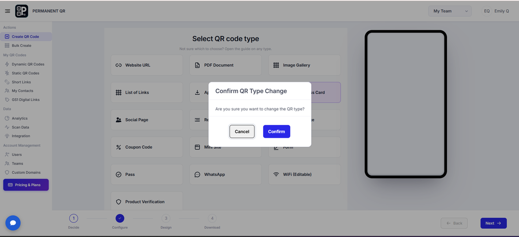 Confirm the QR code type change