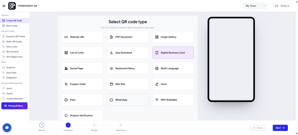 Select a new QR code type