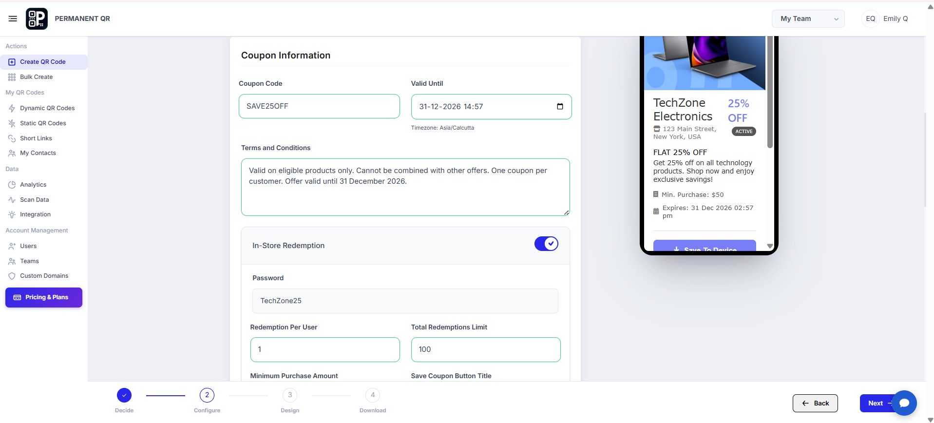 Configure coupon code, expiration, terms, redemption limits and minimum purchase amount