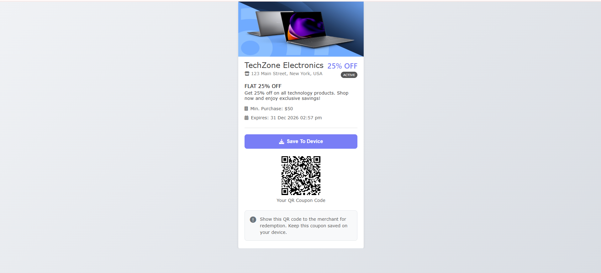 Coupon Code landing page visitors see after scanning the QR code