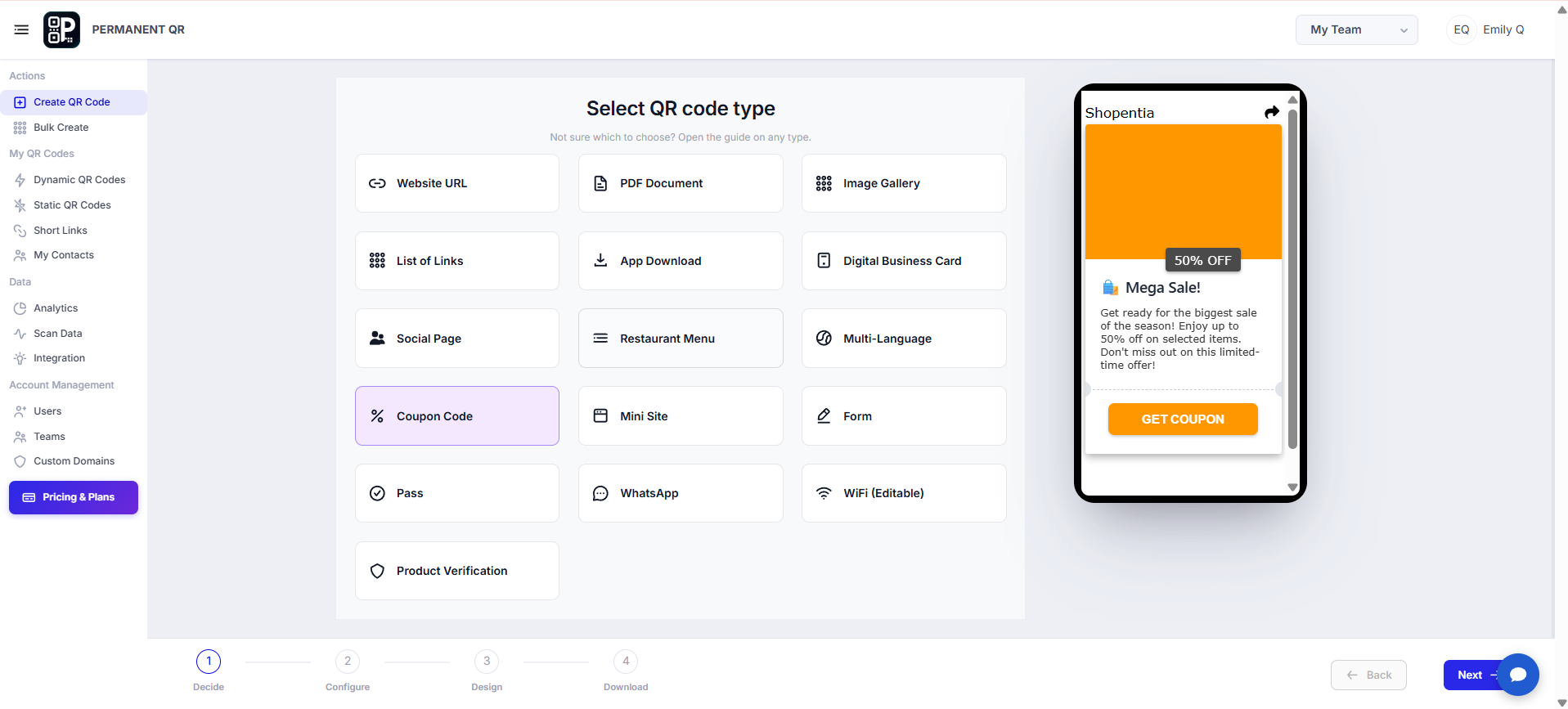 Select Coupon Code QR code type in the Permanent QR Code generator