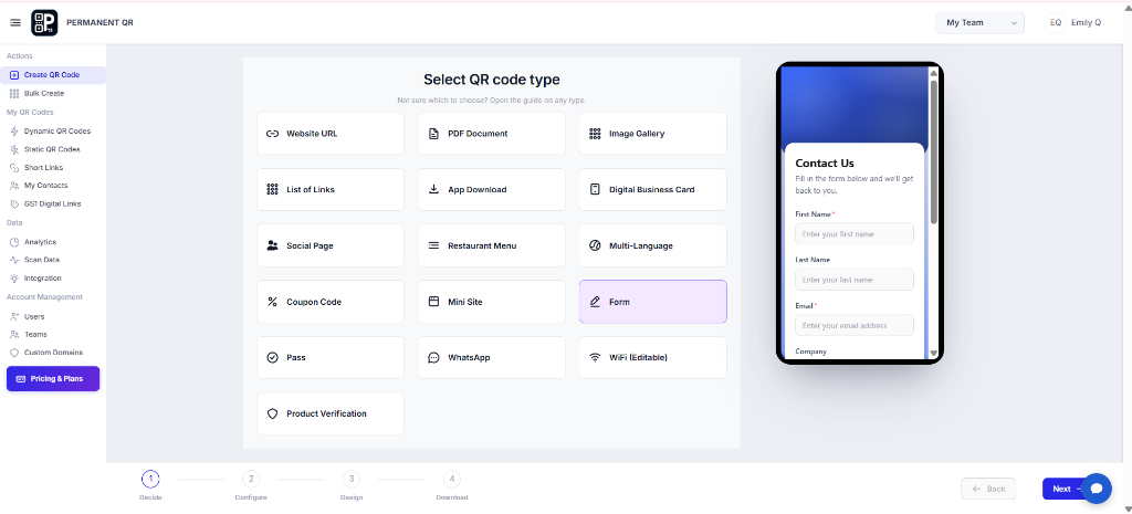 Form QR Code Step 1 - Select Form QR Code