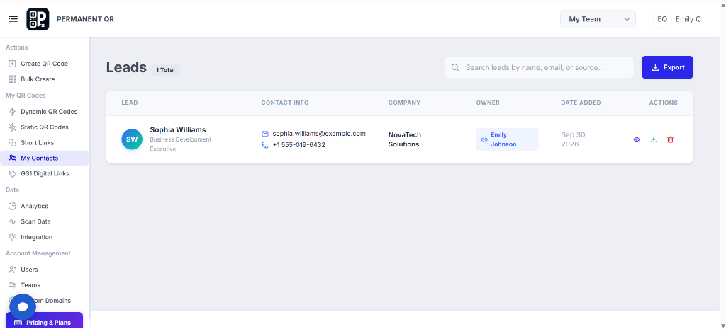 My Contacts Leads page showing a collected contact