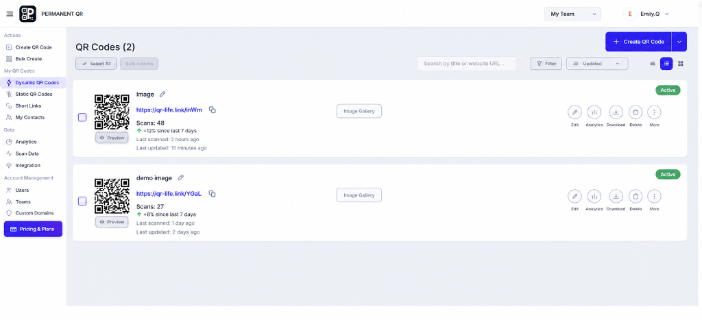 QR Codes Dashboard and Dynamic QR Codes screen