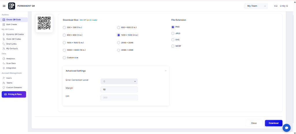 QR Code Download Settings screen