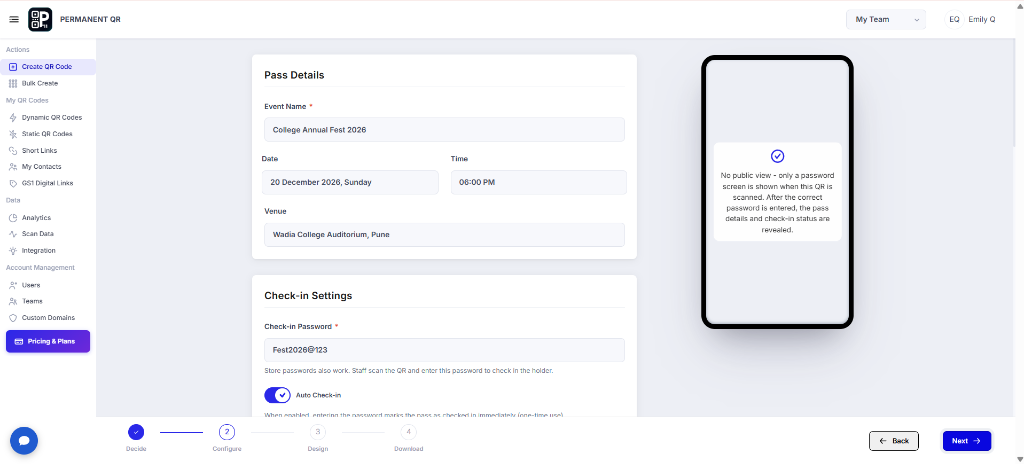 Enter Pass details and check-in settings