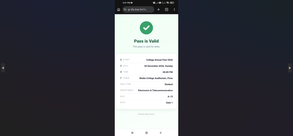 Valid Pass QR Code details