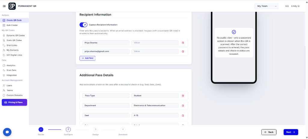 Add recipient and additional pass details