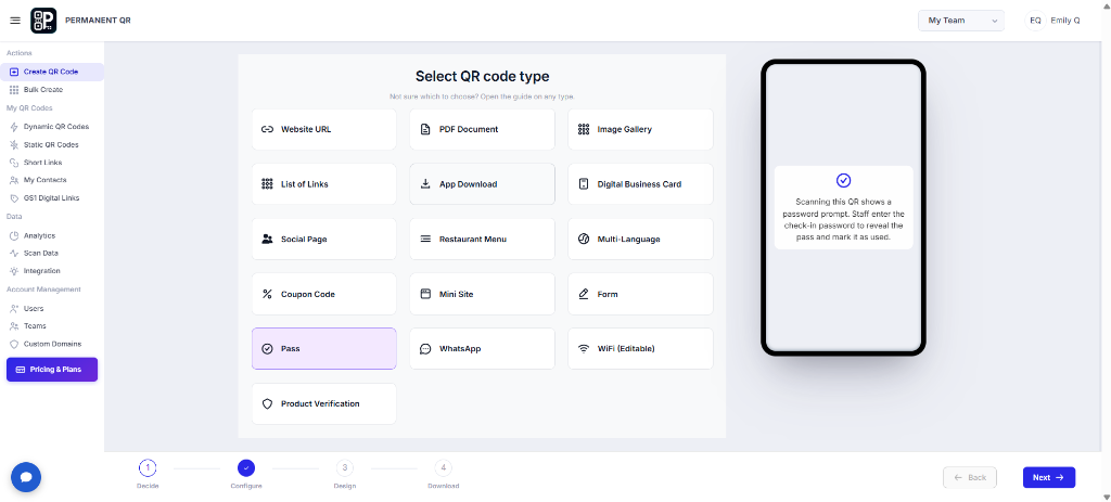 Select Pass QR Code type