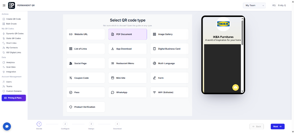 Select PDF Document from the QR code types.
