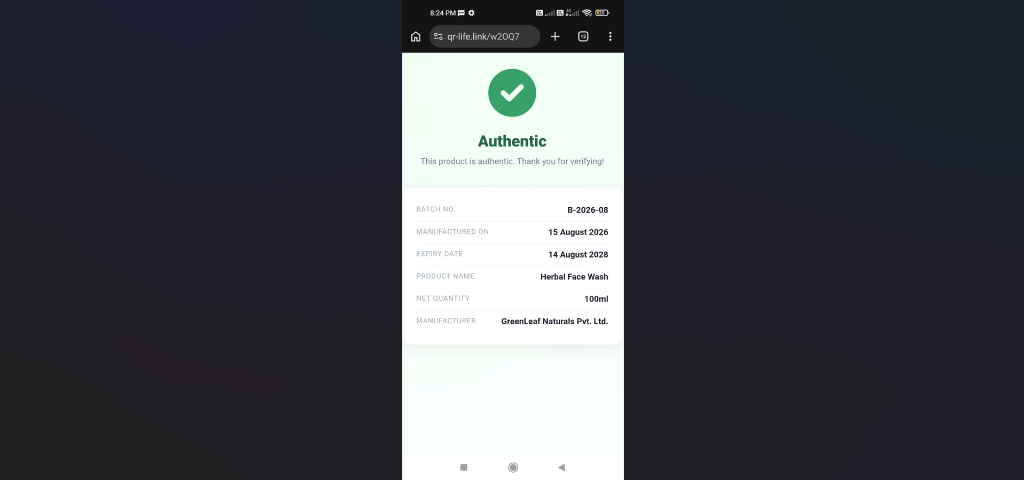 Product Verification result showing product information