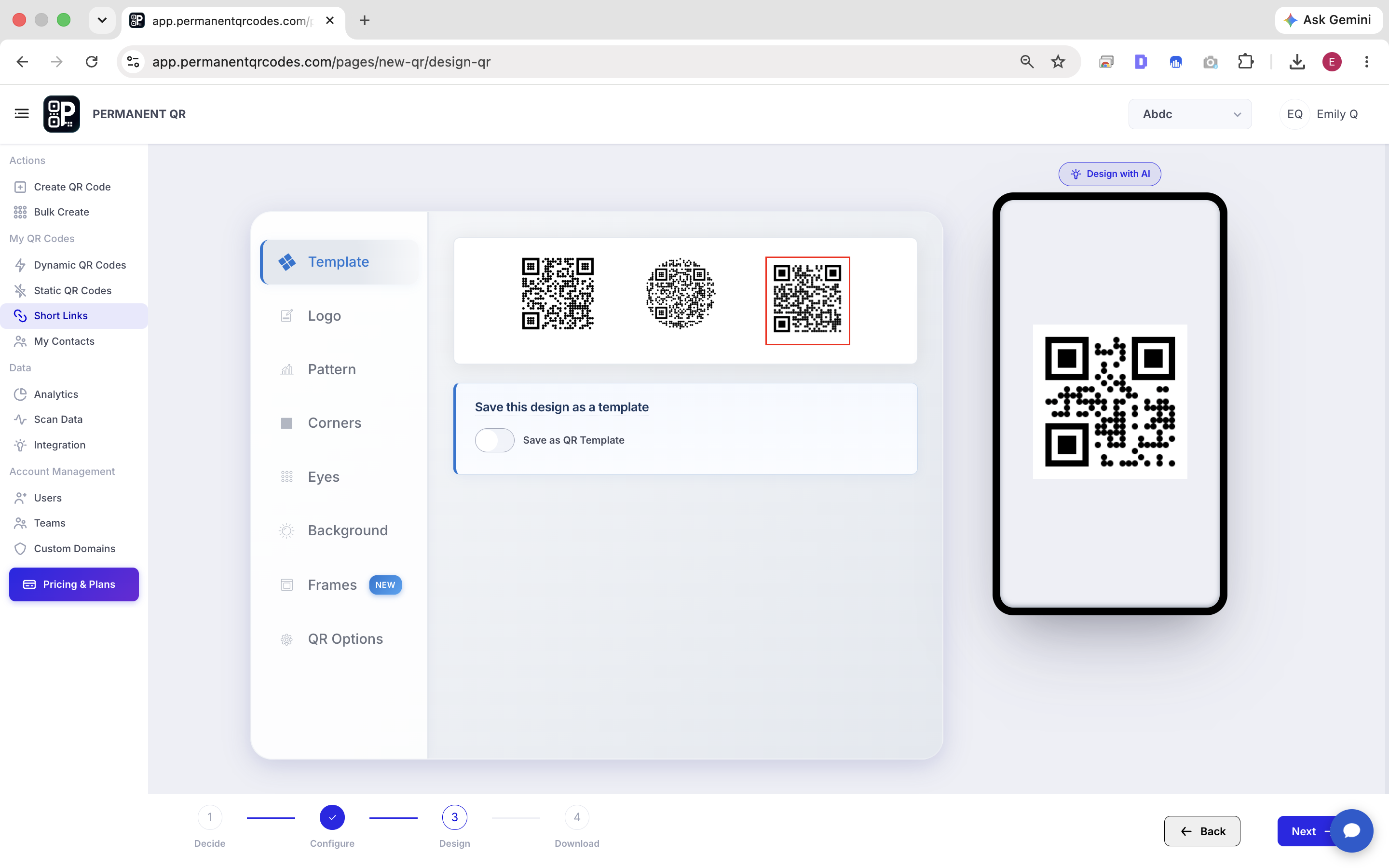 [IMAGE PLACEHOLDER — Permanent QR Codes QR Design Screen]