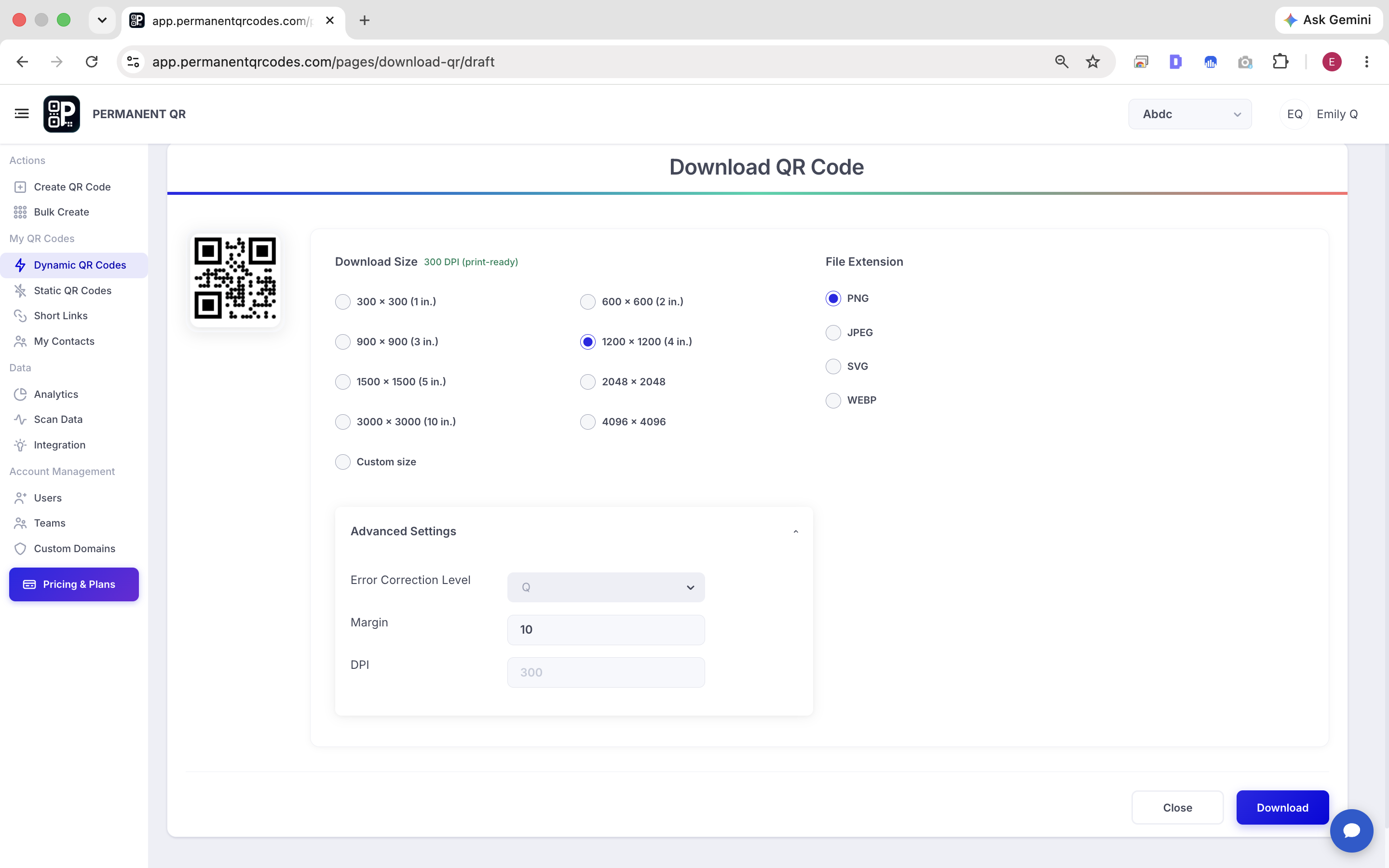 Download QR code screen