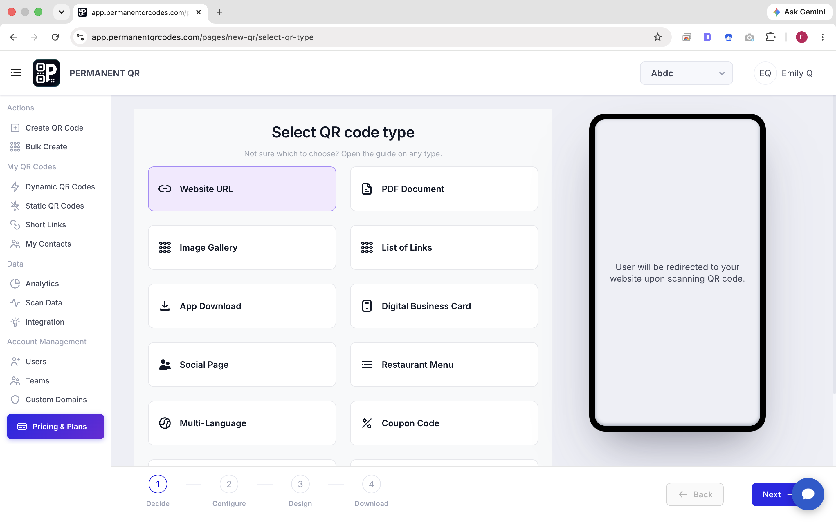 Select Website URL QR code type