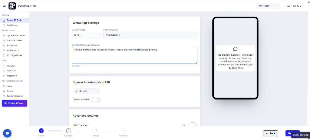 Configure WhatsApp QR Code settings
