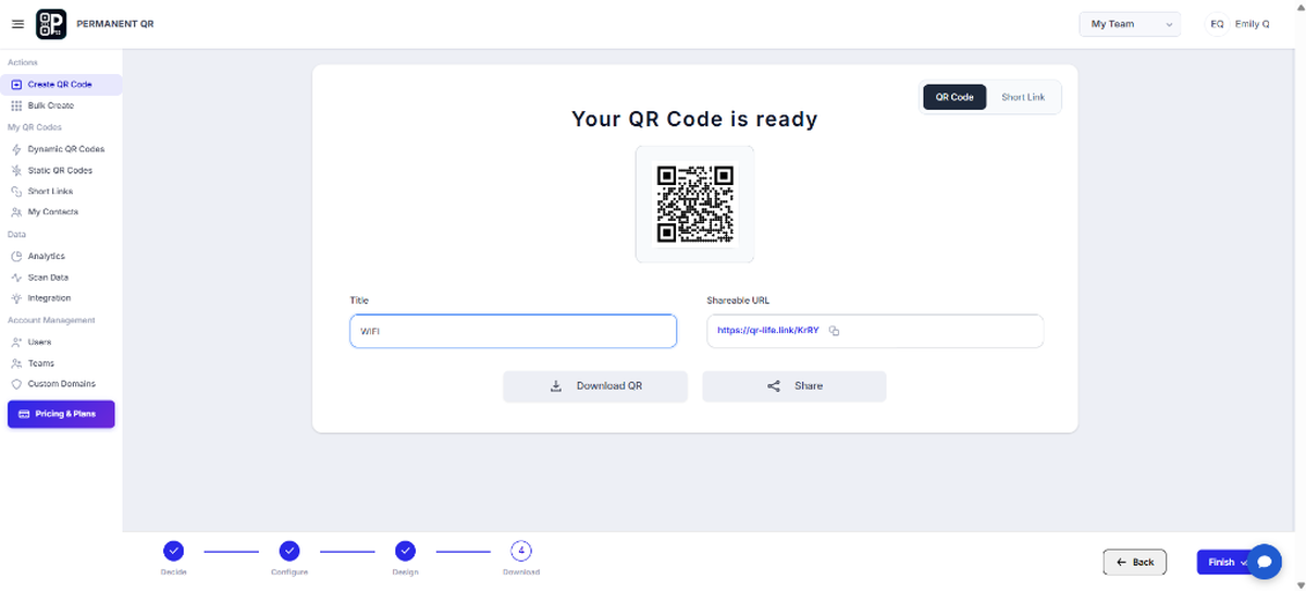 Review your generated WiFi QR code preview, title, and shareable link