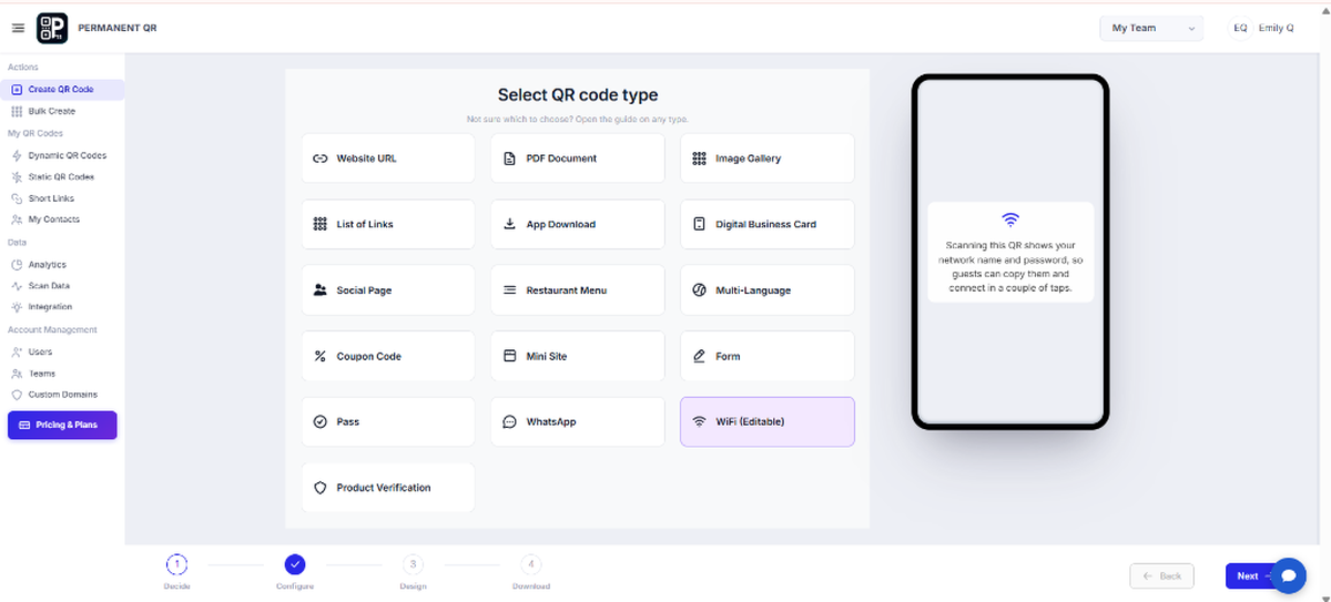 Select WiFi (Editable) from the QR code type options in Permanent QR Codes