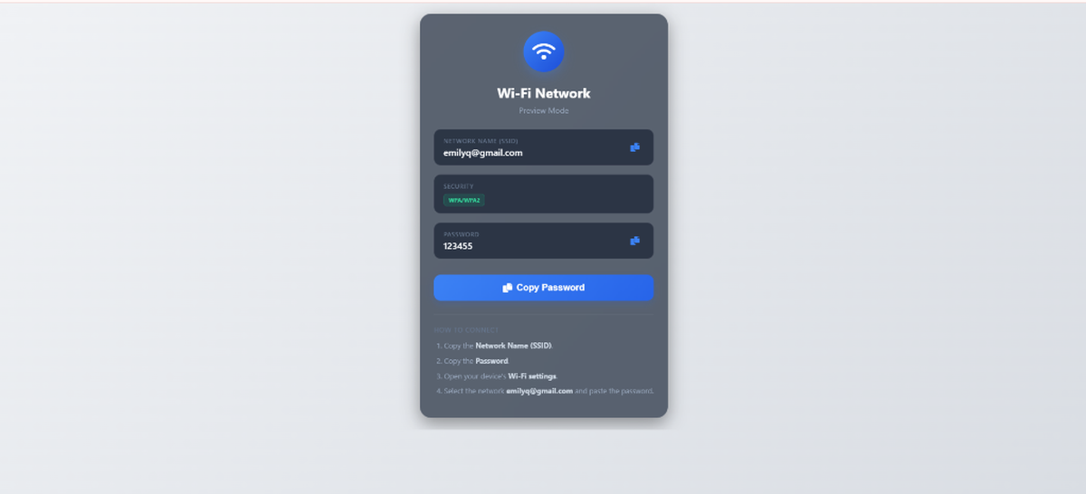 WiFi visitor page showing network name, security type, password, and connection instructions