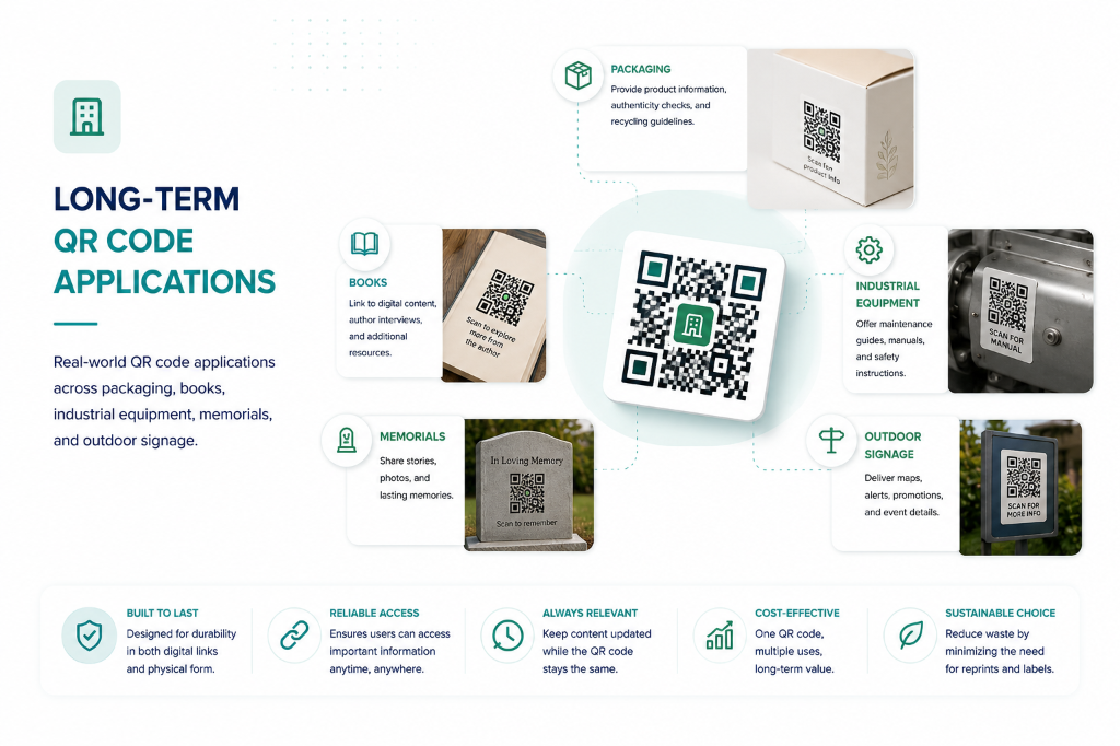 Long-Term QR Code Applications showing Packaging, Books, Industrial Equipment, Memorials, and
