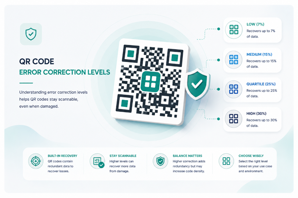 QR Code Error Correction Levels showing Low (7%), Medium (15%), Quartile (25%), and High (30%)