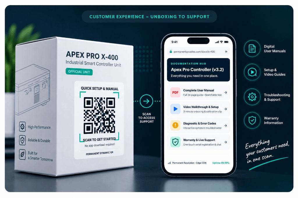 Customer experience from scanning a product QR code to accessing digital manuals and support